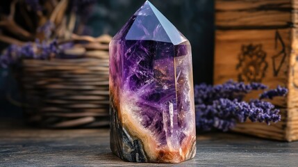 Poster - amethyst agate quartz crystal with unique patterns and vibrant colors displayed against natural back