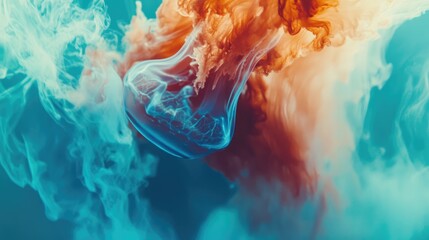 Poster - Close up abstract image of a gelatinous jellyfish with vibrant brown and blue hues drifting through a serene blue water background