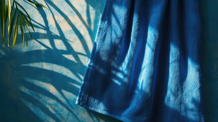 Poster - Vibrant blue towel draped against a sunlit backdrop with shadow patterns and tropical leaves creating a serene atmosphere of relaxation