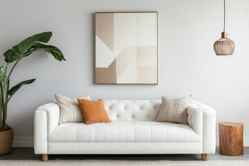 Modern minimalist living room white tufted sofa abstract geometric wall art monstera plant