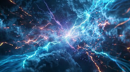 Wall Mural - This photo depicts a striking lightning abstract image of a black background illuminated by multiple lightning strikes