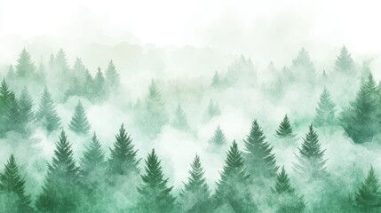 Wall Mural - Watercolor Rainforest Landscape, Tranquil Misty Forest Scene in Light Green, Blue, White Tones