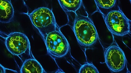 Poster - Microscopic View of Fluorescent Cells in Vibrant Blue and Green