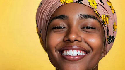 Wall Mural - A woman with a floral head scarf is smiling and looking at the camera