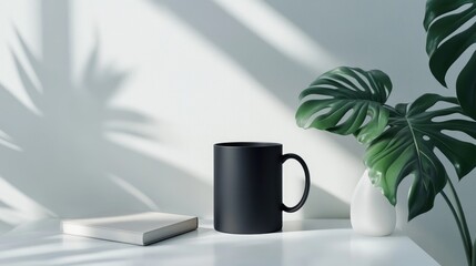 Poster - Black mug mockup with monstera leaf in vase and book on minimalistic white table with soft shadows and natural light ambiance