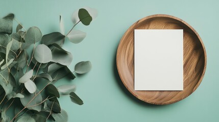 Poster - Eucalyptus Plant Greeting Card Mockup on Wooden Plate Minimalist Design on Green Table Blank Space for Branding and Invitation Templates