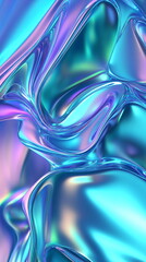 Fototapete - Abstract holographic liquid surface. Glossy, iridescent texture with flowing curves in blue, green, and purple. Reflective neon background. Vertical element for festive party, seminar talks, social me