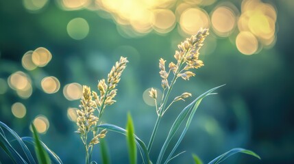 Aufkleber - Nature inspired blue bokeh texture background featuring softly blurred grass and sunlight creating a serene atmospheric effect.