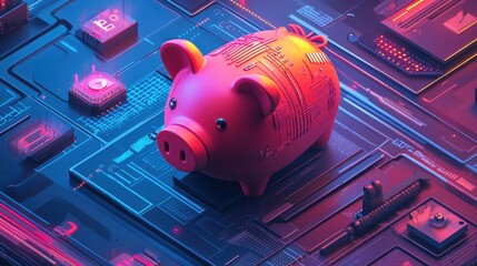 Poster - Digital Piggy Bank on Futuristic Circuit Board Background