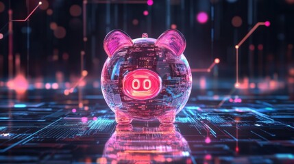 Poster - Digital Piggy Bank with Neon Lights and Futuristic Data Elements