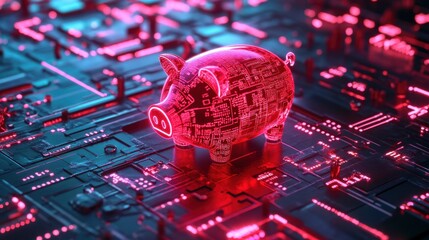 Poster - Digital Piggy Bank on Futuristic Circuit Board in Neon Glow