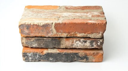 Poster - Textured brick concrete blocks in various earthy tones stacked on a clean white background ideal for construction or design concepts.