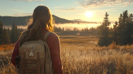 Poster - Woman hiker admiring sunrise over misty valley.