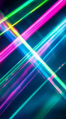 Fototapete - Colorful laser beams. Bright green, pink, and blue streaks crossing. Abstract motion blur with radiant intensity. Vertical element for festive party, seminar talks, social media post