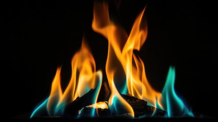 Poster - Vibrant green and orange flames dancing against a dark background showcasing the mesmerizing beauty of fire and color contrast