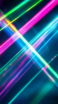 Colorful laser beams. Bright green, pink, and blue streaks crossing. Abstract motion blur with radiant intensity. Vertical element for festive party, seminar talks, social media post