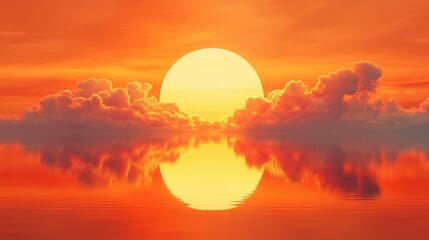 Poster - Vibrant orange sunset reflecting on a serene lake with clouds creating a picturesque evening scene in warm colors.