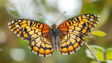 Poster - Vibrant macro shot of a butterfly perched gracefully against a soft bokeh background in lush greenery, showcasing intricate wing patterns.
