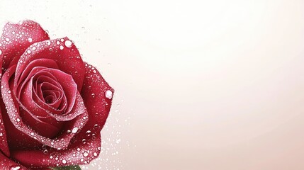 Poster - Stunning red rose adorned with dew drops on a soft background ideal for elegant text placement and nature-themed designs.