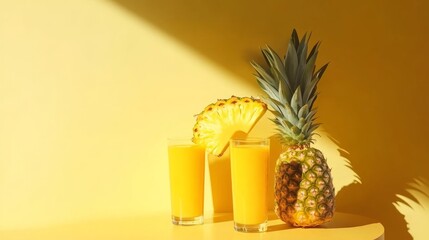 Wall Mural - Two glasses of fresh pineapple juice with a whole pineapple and a slice, on a yellow background.