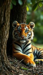 Wall Mural - Majestic tiger rests by tree in vibrant forest during golden hour light