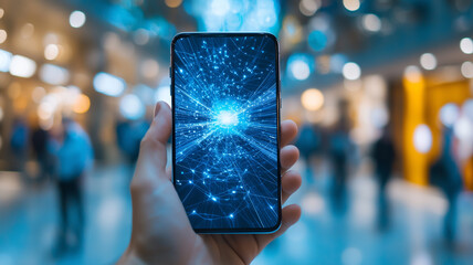 Poster - hand holds smartphone with digital network display in busy shopping mall