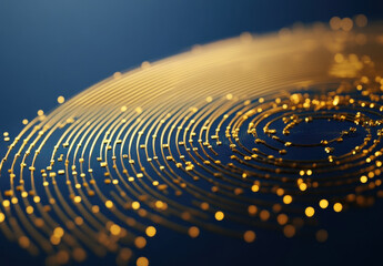 Poster - Golden circular patterns with glowing dots on dark background evoke sense of technology and innovation