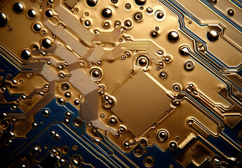 Poster - Close up of golden circuit board with intricate patterns and textures, showcasing technology and design