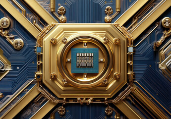 Poster - close up view of golden circuit board with intricate designs and central chip, showcasing advanced technology and innovation