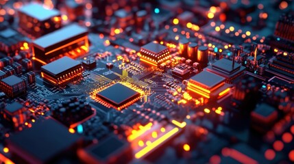 Poster - Abstract Close-Up View of a Futuristic Circuit Board with Lights