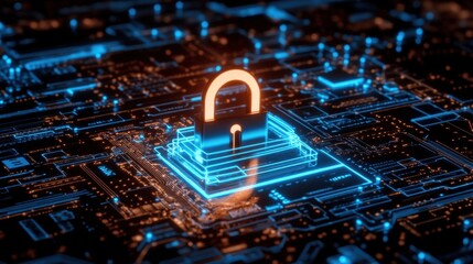 Poster - Digital Lock Symbol on Circuit Board in Futuristic Cyber Environment