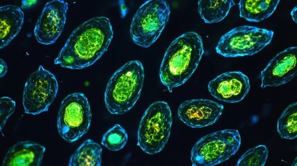 Poster - Microscopic View of Vibrant Green and Blue Cellular Structures