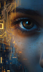 Poster - close up of human eye with digital circuit design overlay, symbolizing technology and humanity