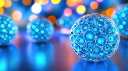 Poster - Close-Up Image of Glowing Blue Spheres with a Bubble Texture Against a Colorful Background of Soft Focus Lights for Abstract and Scientific Themes