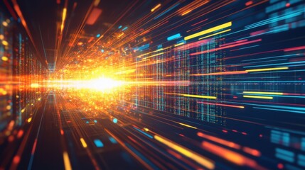 Fototapete - Dynamic Burst of Colorful Light Rays Expanding Through a Digital Space Representing High-Speed Data Transfer and Abstract Technology Background