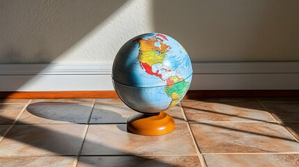 Globe sitting on floor in sunlit room.