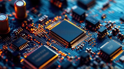 Poster - Close-Up View of Circuit Board with Microchip and Electronics Details