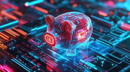 Poster - Futuristic Piggy Bank on Digital Circuit Background with Neon Glow