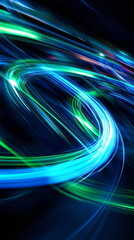 Fototapete - Vivid light trails in motion. Blue and green neon stripes intertwining. Abstract energy flow on a dark background. Vertical photo footage for TikTok, Instagram, Reels, Shorts