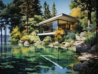 Wall Mural - Attractive A picture of a house on a lake with a forest in the background