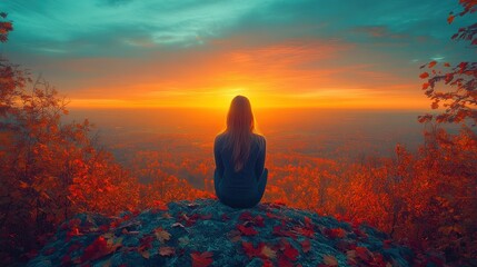 Poster - Woman meditating at sunset on mountaintop.