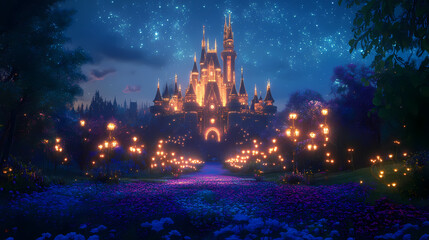 Wall Mural - Enchanted castle in a vibrant fantasy landscape illuminated by magical lights at twilight. Twilight. Illustration