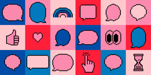 Poster - Retro speech ballon background in pixel art. Y2k trendy seamless pattern. Bright design for chat, text message, dialog. Talk and thought boxes. Retro game style dialogue box set. Vector illustration