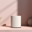 © Desi - A minimalist white container on a soft pink surface, showcasing modern design aesthetics.