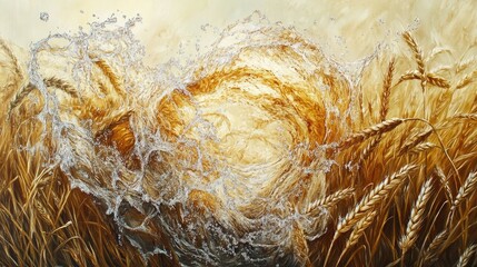 Poster - A Mesmerizing Blend of Golden Wheat and Water Splash Capturing the Essence of Nature's Harmony and Tranquility in a Vibrant Landscape