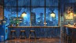 © Nasima - Rainy night cityscape view from a cozy cafe. Warm lighting contrasts with the cool rain outside, creating a tranquil atmosphere.