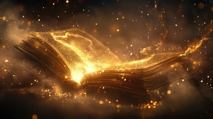 Poster - Enchanting Open Book Releasing Sparkling Dust and Magical Lights in a Mysterious Atmosphere for Creative and Fantasy Theme Projects