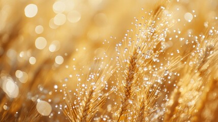 Poster - Close-Up of Golden Wheat Field with Dew Drops in Soft Morning Light, Capturing Nature's Beauty and Serenity in a Calm Agricultural Landscape