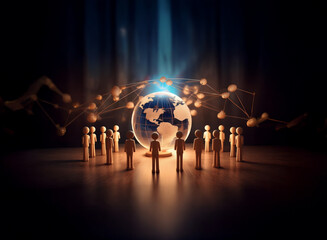 Poster - A glowing globe encircled by interconnected nodes and small figures, symbolizing global connection and community.  The scene is dark, emphasizing the luminosity of the central globe.
