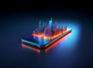 Aufkleber - A vibrant, futuristic cityscape digitally rendered on a smartphone screen, glowing with orange and blue light.  The city model is low-poly, suggesting a digital or virtual environment.